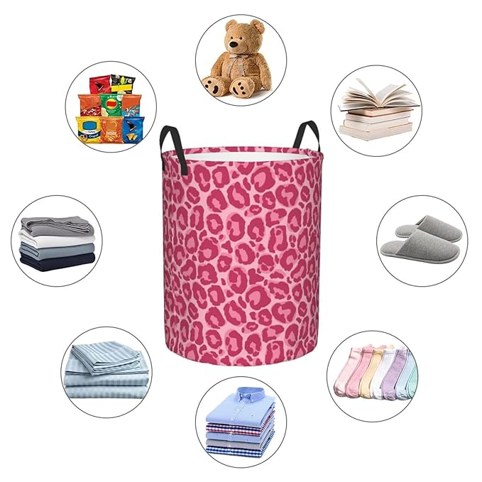 Pink Leopard Texture Round Laundry Hamper Storage Basket Toys Clothes Organizer Bin For Home Bathroom Bedroom Dorm Nursery, 62l