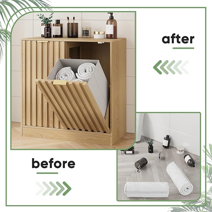 Smuxee Double Tilt Out Laundry Hamper Cabinet, Hidden Laundry Cabinet with Double Baskets, Natural Trash Can with Fluted Doors for Bathroom, Kitchen