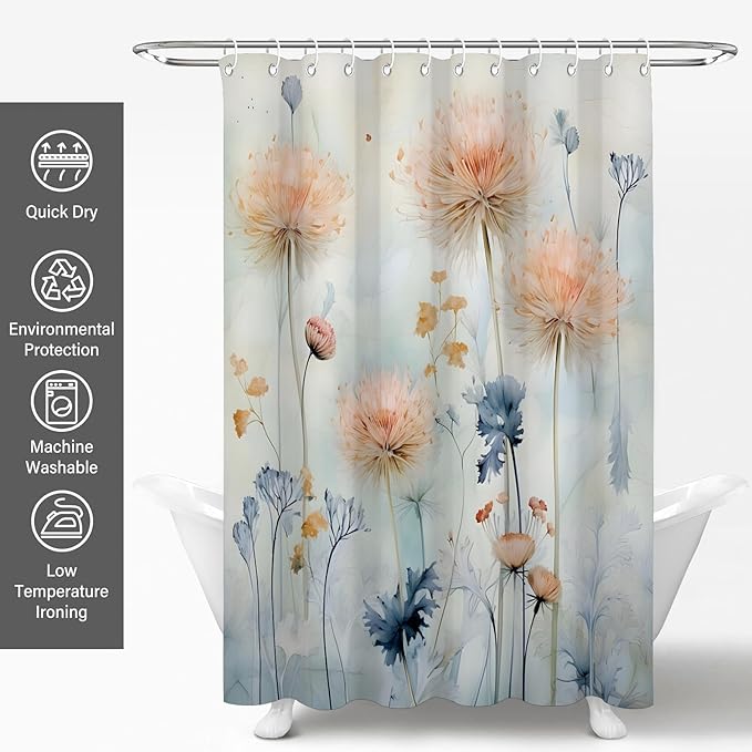 Watercolor Floral Shower Curtains with Dandelion Decor,Botanical Wildflower Shower Curtain 72x72 Inch,Light Blue and Pink Flower Waterproof Polyester Bath Accessories for Home and Apartment