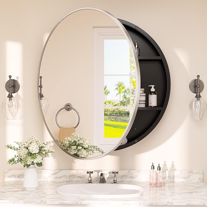TETOTE Bathroom Mirror Cabinet 28 x 28 Brushed Nickel Round Bathroom Medicine Cabinet with Mirror Adjustable Shelves Farmhouse Wall Mirror with Storage Surface Mounted