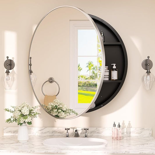 TETOTE Bathroom Mirror Cabinet 28 x 28 Brushed Nickel Round Bathroom Medicine Cabinet with Mirror Adjustable Shelves Farmhouse Wall Mirror with Storage Surface Mounted