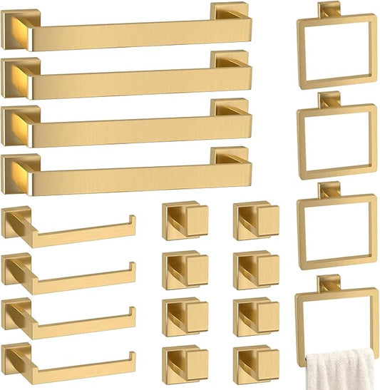Bathroom Accessory Towel Bar Set: 20 Pieces Gold Bathroom Hardware Square SUS304 Stainless Steel - Wall Mounted Towel Rack&Toilet Paper Holder&Towel Ring and Towel Hook
