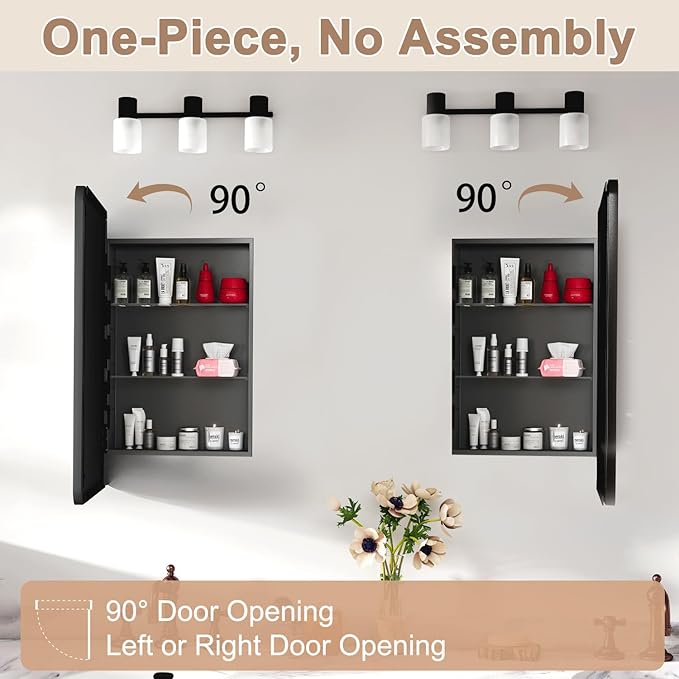 Medicine Cabinet with Mirror, 16x24 Fully Assembled Recessed or Wall-Mounted Bathroom Mirrored Cabinet with Adjustable Storage Shelves for Vanity, Metal, Black