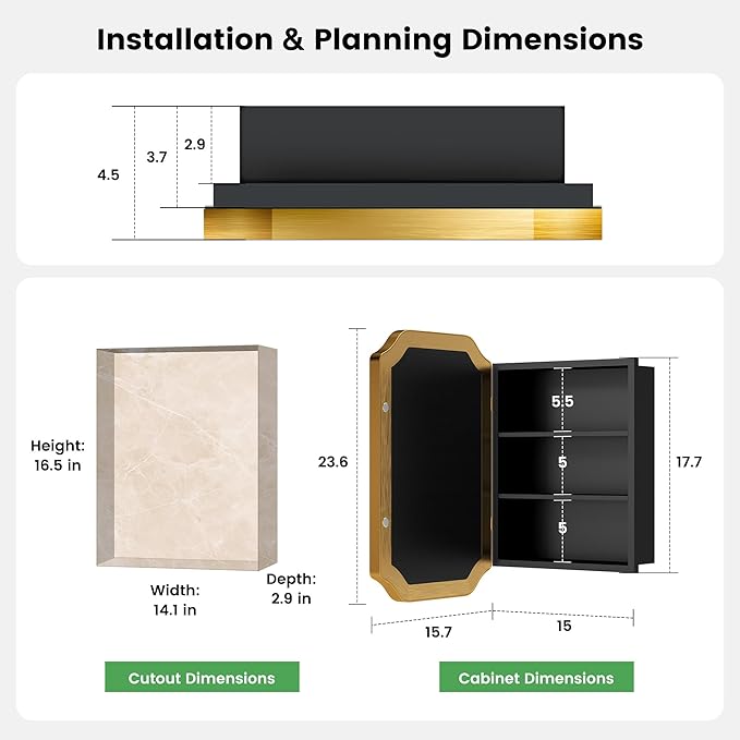 SogesHome Recessed Bathroom Mirror Medicine Cabinet with Storage, 15.7 x 23.6 Inch Wall Mounted Modern Octagon Vanity Organizer with Shelves, Space-Saving Elegant Bathroom Storage, Gold