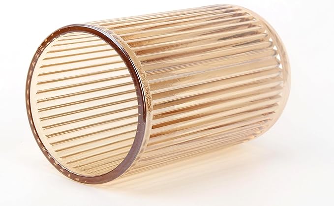 Crystal Glass Makeup Brush Holder, Vintage Striped Design, Thickened Glass Organizer Cup, 7.2cm x 13cm, Clear Amber
