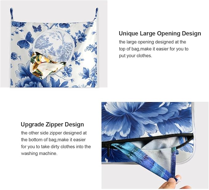 Blue and White Peony Flowers Butterfly Hanging Laundry Hamper Door Hampers Bag Basket with Stainless Steel Hooks Oxford Fabric Printing Decorative Clothes Bags 29.5X20inch 2Pack