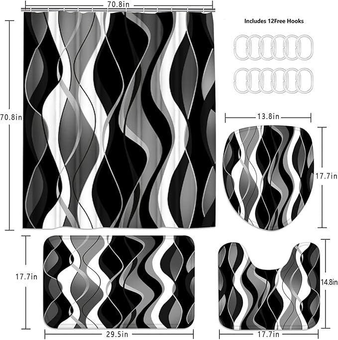 Nkzply 4 Pcs Black and White Striped Shower Curtain Set Black and Grey Bathroom Sets with Shower Curtain and Rugs Modern Home Bathroom Decor Shower Curtains with Rugs and Toilet Lid Cover