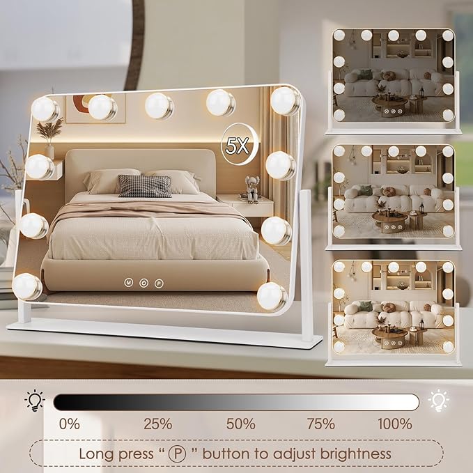 DenCert 360° Vanity Mirror with Lights 11 Led Bulbs Hollywood Lighted Makeup Mirror with 5X Magnification Mirror Hollywood Cosmetic Mirror Tabletop Makeup Mirror with 3 Lighting Modes 16x13 Inch