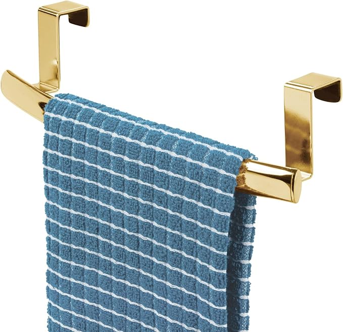 mDesign Steel Over Door Curved Towel Bar Storage, Hanger for Cabinet or Cupboard, Holder Rack for Kitchen, Bathroom - Holds Hand/Dish Towels, Washcloths - Spira Collection - Soft Brass
