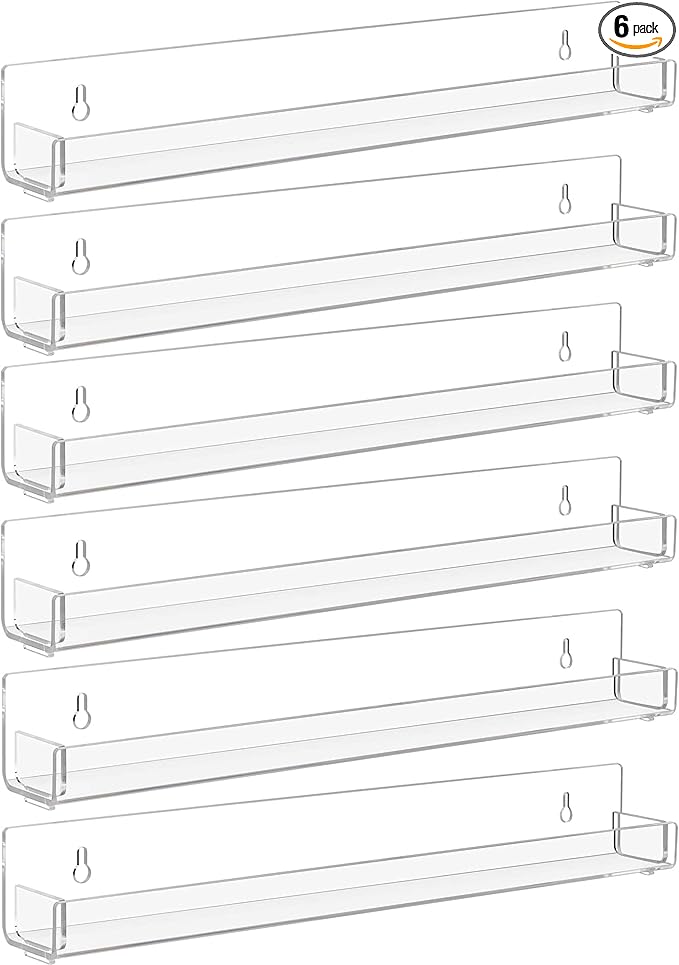 6 Pack Clear Nail Polish Rack Wall Mounted,15 inch Invisible Acrylic Floating Bookshelf,Small Toy Storage Wall Shelf Modern Picture Ledge Vinyl Record Display Shelf Holder