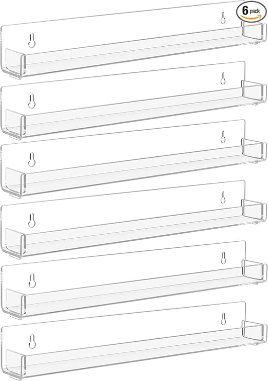 6 Pack Clear Nail Polish Rack Wall Mounted,15 inch Invisible Acrylic Floating Bookshelf,Small Toy Storage Wall Shelf Modern Picture Ledge Vinyl Record Display Shelf Holder