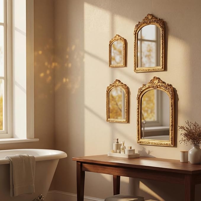 Thyle 4 Pcs Vintage Gold Antique Mirror Set Arch Retro Resin Baroque Decorative Makeup Mirror Square Hanging Wall Desk Tabletop Room Bedroom Bathroom Gallery (13x9 10x7 8x5 7x4)(Light Color)