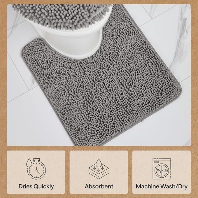 GORILLA GRIP Plush Absorbent Shaggy Chenille Bath Rug Mat for Oval Toilet Base with Rubber Backing, Machine Washable Rugs, Soft Microfiber Contour Mats for Toilets, Quick Dry, Bathroom Decor, Grey