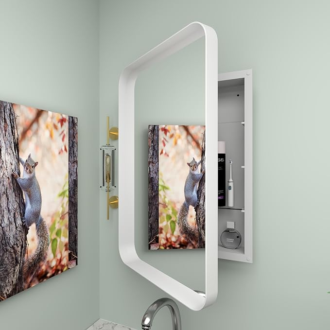 16”Wx24”H Farmhouse Framed Medicine Cabinet with Mirror, Matte White Finish, Recessed or Surface Mount, Adjustable Shelves, Rounded Rectangle Bathroom Medicine Cabinet,Install Left or Right