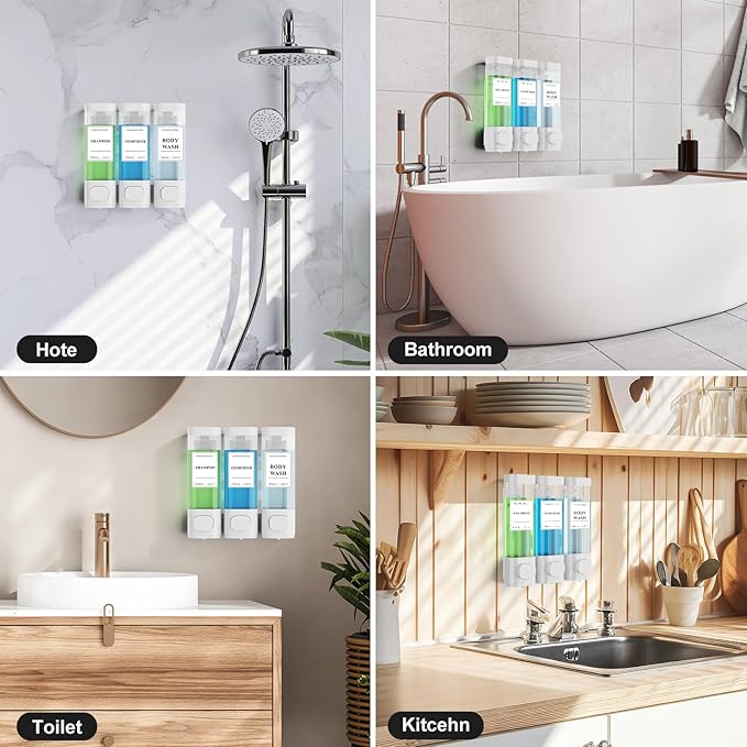 Shampoo and Conditioner Dispenser – Wall-Mounted Shower Soap Dispenser, No-Drill Installation, Lockable, 900 ml Capacity,for Bathroom & Hotel or Airbnb (White, 3-Pack)
