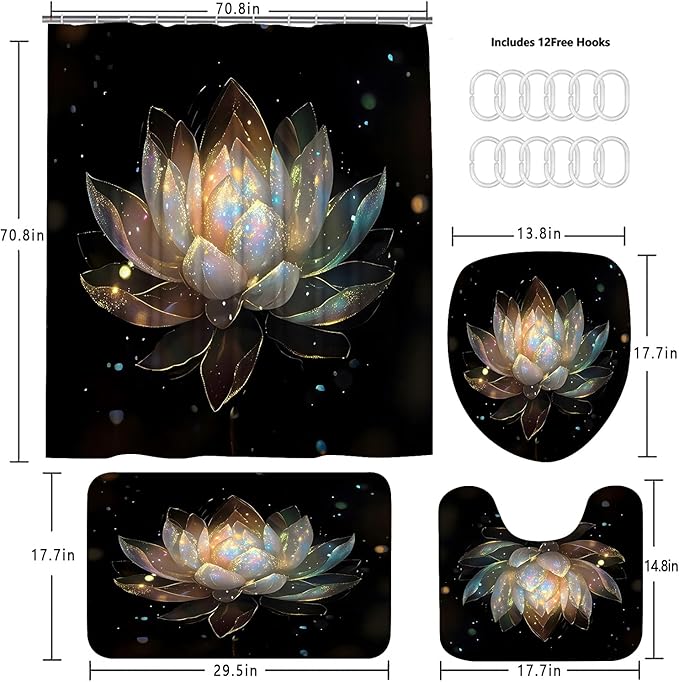 AZHM 4PCS Lotus Shower Curtain Set Black and Gold Flower Bathroom Decor Sets with Shower Curtain and Rugs and Accessories with 12 Hooks for Toilet