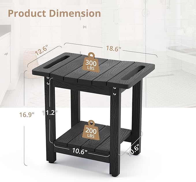 LUE BONA HDPS Shower Benches for Inside Shower, Black Shower Stool for Shaving Legs with Shelf, Waterproof Shower Chair Seat for Spa Bathroom, Weather Resistant/Non-Slip/Handles/Indoor or Outdoor Use