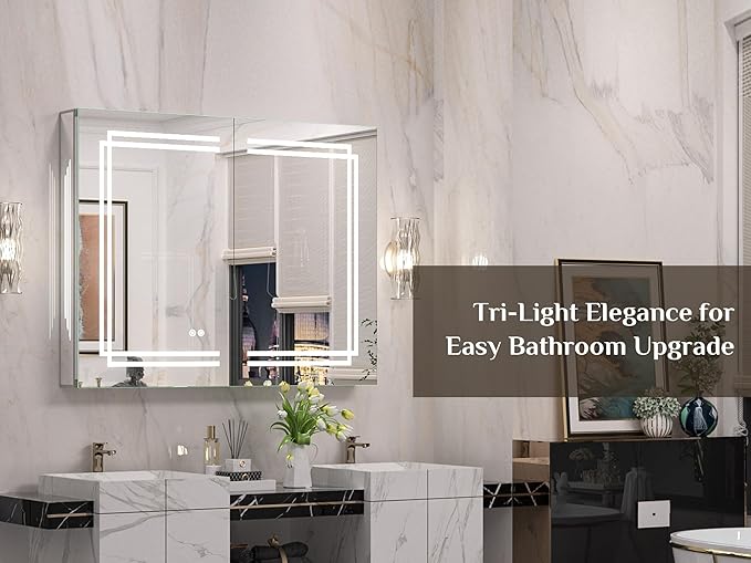 Keonjinn 40 x 32 Inch Large Medicine Cabinet with Lights, LED Lighted Medicine Cabinet Mirror for Bathroom, No Outlets, Tempered Glass, UL-Listed, Dimmable, 3 Color Lights, Anti-Fog, Wall Mount Only