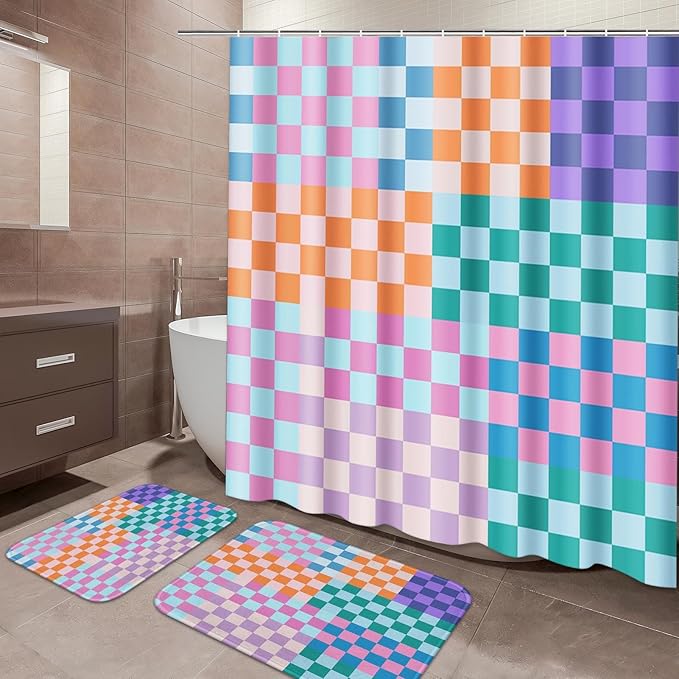 ArtSocket Retro Checkered Bathroom Set with Shower Curtain and Bath Rugs and Accessories,Colorful Funky Checkerboard Non-Slip Shower Curtain Set,Bathroom Decor 3 Pcs