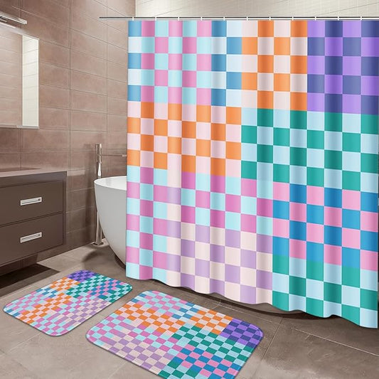 ArtSocket Retro Checkered Bathroom Set with Shower Curtain and Bath Rugs and Accessories,Colorful Funky Checkerboard Non-Slip Shower Curtain Set,Bathroom Decor 3 Pcs