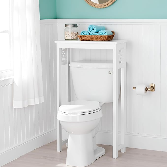 Derby Over-the-Toilet Storage Shelf – 37" Tall Bathroom Space Saver with Fixed Shelf & Open Gridwork Design – Modern Freestanding Organizer for Toiletries & Towels by Alaterre Furniture (White)