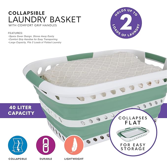 Laundry 360 Collapsible Laundry Basket | Portable | Space Saver Storage | Hold 2 Loads | Store Under the Bed or Closet | Good for Kids | Dorm | Bedroom | Large | White/Sage