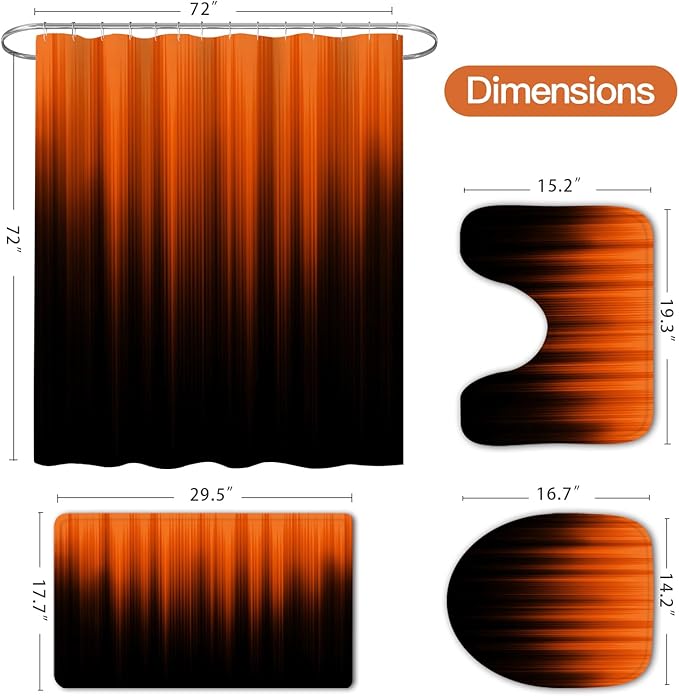 Litabel 4 Pcs Orange and Black Gradient Shower Curtain Set with Rugs and Toilet Lid Cover, Modern Simple Waterproof Fabric Bathroom Set, Ombre Stripe Gothic Abstract Bathroom Decor Set Accessories
