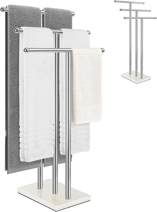 Standing Towel Rack with Marble Base, 3-Tier Free Standing Towel Racks for Bathroom, 40" Height Floor Towel Stand Holder for Bathroom, White