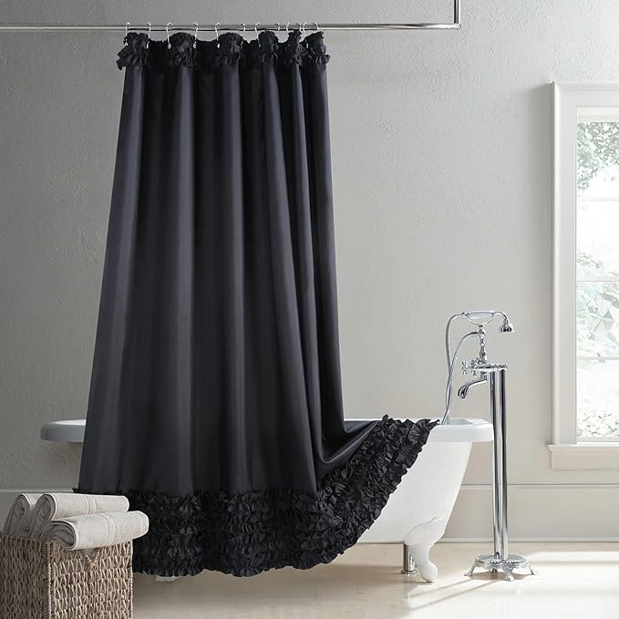 Ruffled Black Modern Polyester Fabric Cloth Bath Shower Curtain,Solid Boho Waterproof Decoratived Farmhouse Shower Curtains for Bathroom,72" W x Extra High 78" L