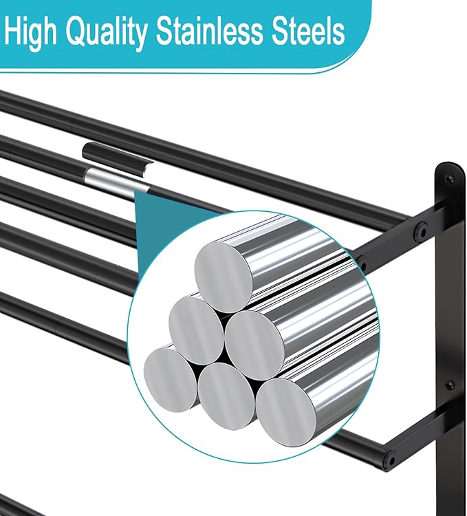 Towel Racks for Bathroom, 24 in Black Towel Shelf with Double Towel Bar, 3 Tier Stainless Steel Towel Storage, Bath Towel Holder Wall Mounted for Lavatory Organizer Decor RV Camping