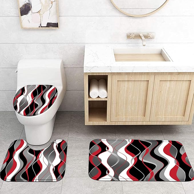 Nkzply 4 Pcs Red and Black Shower Curtain Set Grey and White Bathroom Sets with Shower Curtain and Rugs Modern Striped Bathroom Decor Accessories Shower Curtains for Bathroom Toilet Lid Cover Hooks