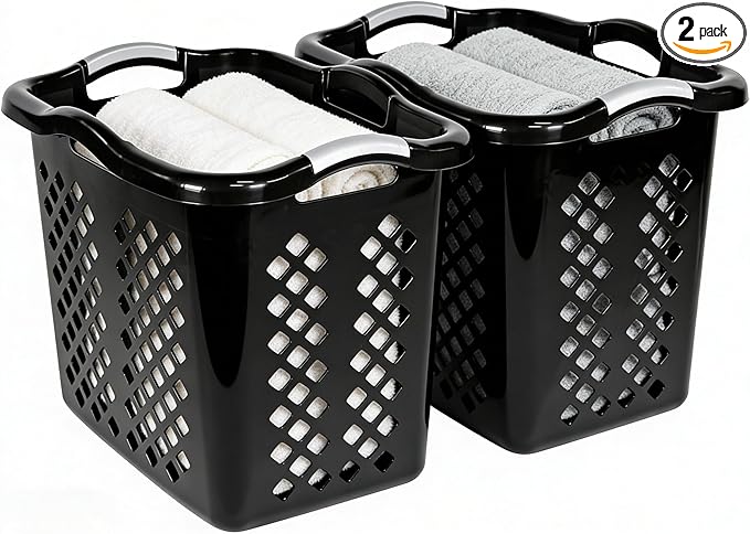 2-Pack 2 Bushel Plastic Laundry Basket with Silver Handles, Space-Saving Dirty Clothes Organizer for Home Apartment Dorm (Black)