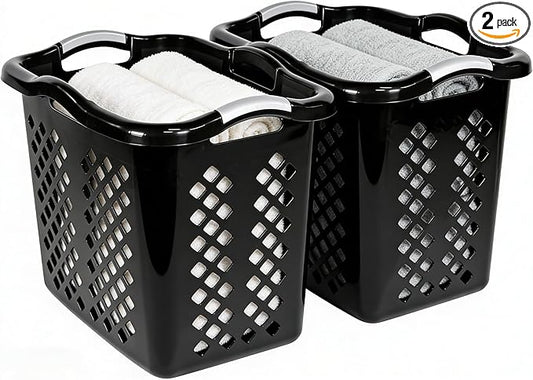 2-Pack 2 Bushel Plastic Laundry Basket with Silver Handles, Space-Saving Dirty Clothes Organizer for Home Apartment Dorm (Black)