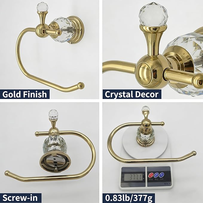 Gold Toilet Paper Holder with Crystal, Polished Gold Tissue Roll Holder Bathroom Wall Mounted, Rust-Resistant Hand Towel Holder