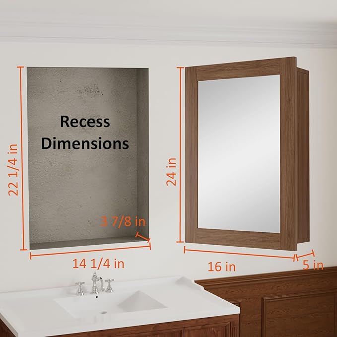 Buruis 16 x 24 Inch Walnut Grain Medicine Cabinet with Mirror, Recessed or Wall-Mounted Wood Storage Cabinet for Bathroom, Adjustable Shelves, Soft-Close Hinges, Rectangle