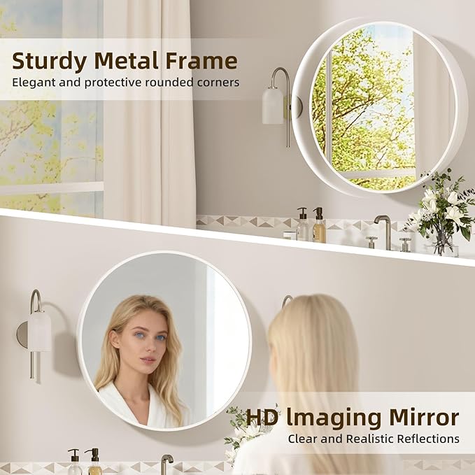 28 x 28 Inch Round Medicine Cabinet with Mirror,White Circular Bathroom Cabinet Wall Mounted,Metal Framed Mirror Medicine Cabinet with Adjustable Shelves for Bathroom Vanity