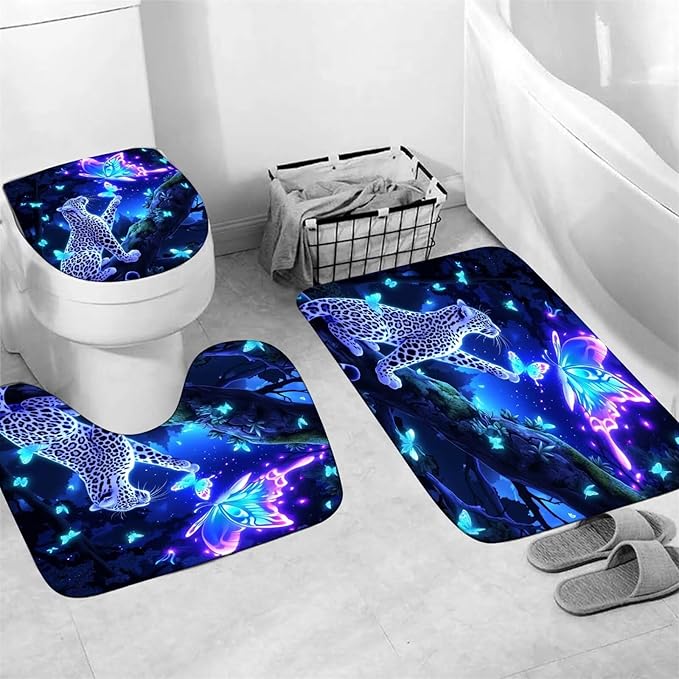 jieprom 4 PCS Leopard and Butterfly Shower Curtain Set with Rugs - Blue Dream Bathroom Decor - Luxury Waterproof Fabric Curtain, Non-Slip Bath Mat, U-Shaped Rug & Toilet Lid Cover