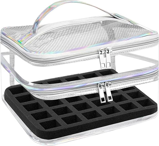 Beloving Nail Polish Organizer, Clear Double Tier Nail Storage Organizer Case Holds 30 Bottles, Portable PVC Nail Tech Bag with Dividers, Nail Polish Supplies Travel Case for Display