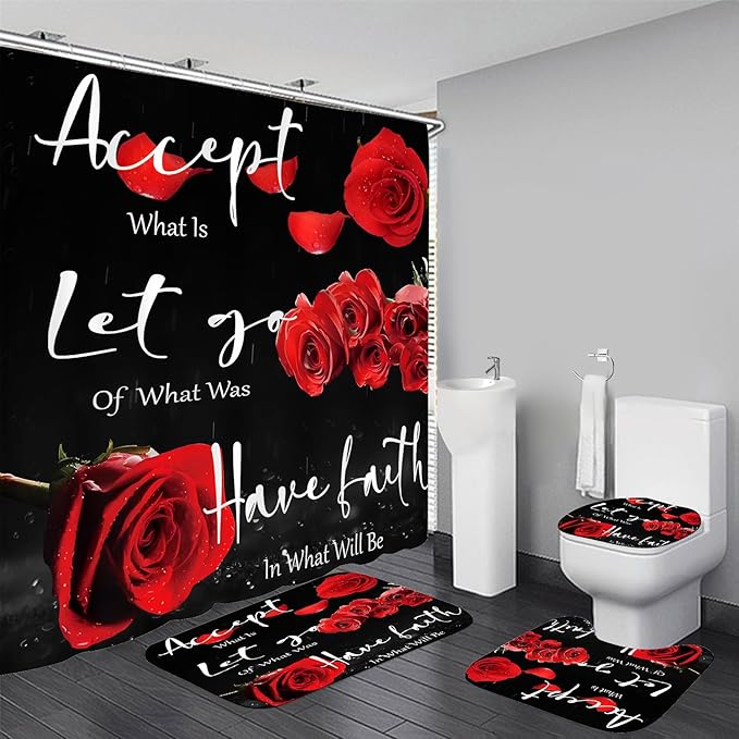 Yddsky 4 Pcs Red Rose Shower Curtain Sets with Rugs Black Blessed Bathroom Sets with Shower Curtain and Rugs Bathroom Curtains Shower Set with Toilet Lid Cover for Women Bathroom Decor Accessories