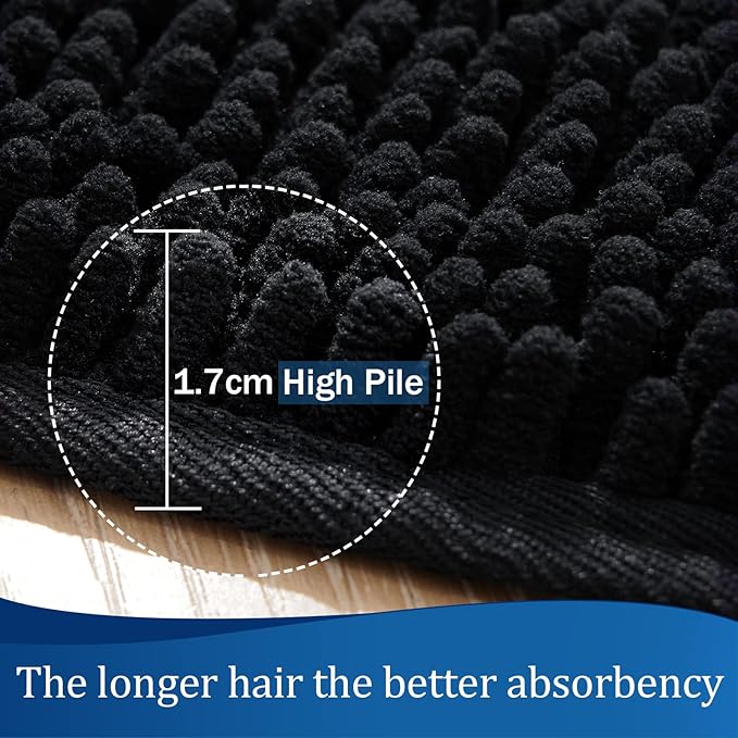LOCHAS Luxury Bathroom Rug Shaggy Bath Mat 24 x 17 Inch, Washable Non Slip Bath Rugs for Bathroom Shower, Soft Plush Chenille Absorbent Carpets Mats, Black
