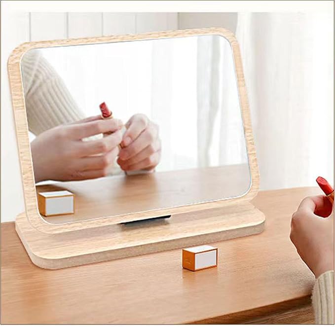 Rectangular Compact Table Mirror - Wood Frame, 90 Degree Rotation, Back Stand
