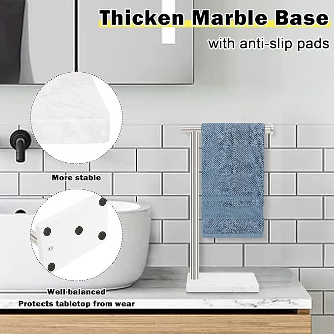 Standing Hand Towel Holder with Marble Base, 304 Stainless Steel Towel Rack, Countertop Stand Towel Ring for Bathroom (Brushed Nickel)