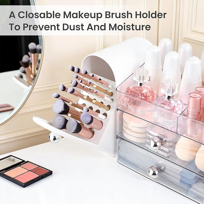 Makeup Organizer,Vanity Organizer with Makeup Brush Holder,Large Skincare Organizers and Bathroom Countertop Organizer,Storage Lipstick,Perfume,Nail Polish,Beauty,Mothers Day Gifts for Women