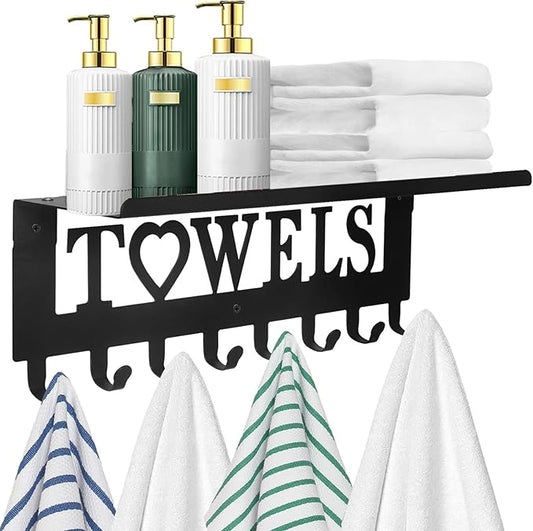 Towel Rack with Shelf 8 Hooks, Bathroom Towel Holder Metal Shelf Organizer, Wall Mounted Storage for Towels, Robes, Clothes in Bathroom, Kitchen, Bedroom,Home