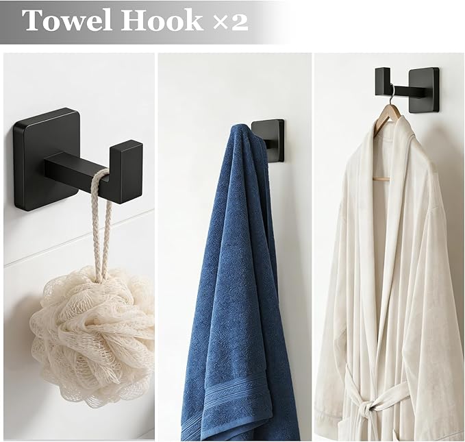 5-Pieces Wall Mount Bathroom Accessories Bathroom Hardware Set,23.6 Inch Stainless Steel Waterproof Towel Bars,Toilet Paper Holder with Shelf,Towel Ring,Coat Hook,Matte Black 5PC - Rectangle