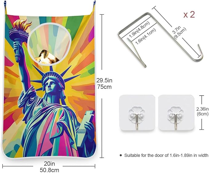 Hanging Laundry Hamper with Stainless Steel Hooks,Oxford Fabric Printing Door Laundry Clothes Bag, 29.5X20inch 2PCS Bright Statue Of Liberty and Torch