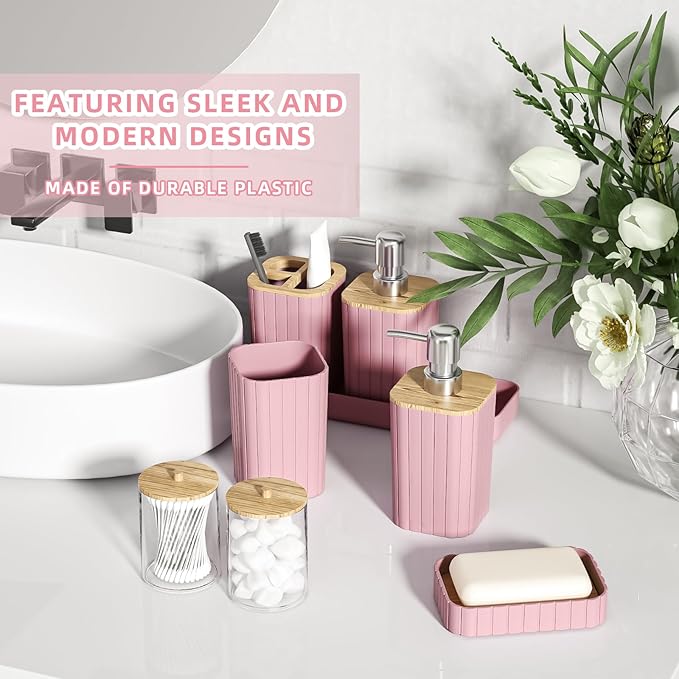 XLHOMO Bathroom Accessories Set - 25PC Pink Bathroom Set, Bathroom Set with Shower Curtain and Rugs, Pink Shower Curtain Set, Toilet Brush, Bathroom Trash Can
