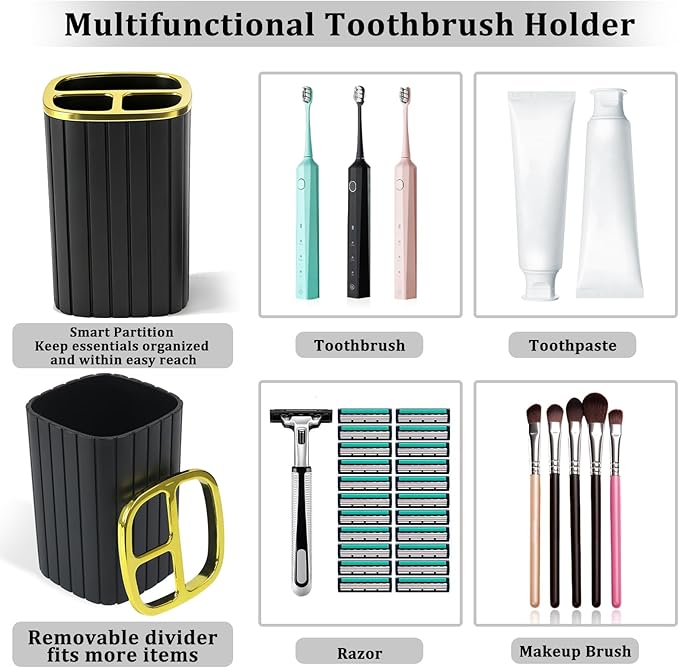 Bathroom Accessories Set 2 PCS- Black and Gold Bathroom Accessory Set, Bathroom Toothbrush Holder Set Includes Soap Dispenser and Toothbrush Holder for Boho Home Bathroom Decor
