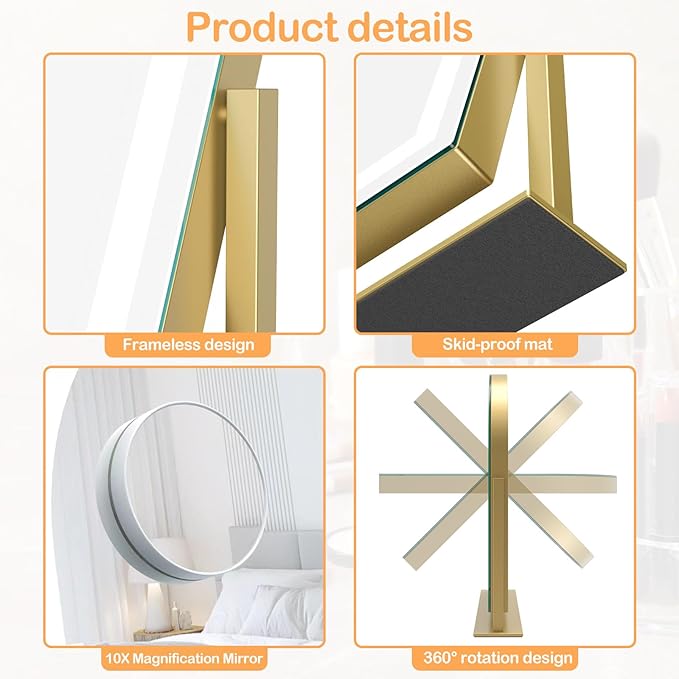 Gvnkvn Lighted Makeup Mirror, Hollywood Vanity Mirror with Lights, Three Color Lighting Modes, and Detachable 10X Magnification Mirror, Smart Touch Control, 360°Rotation (15.2in. Gold)
