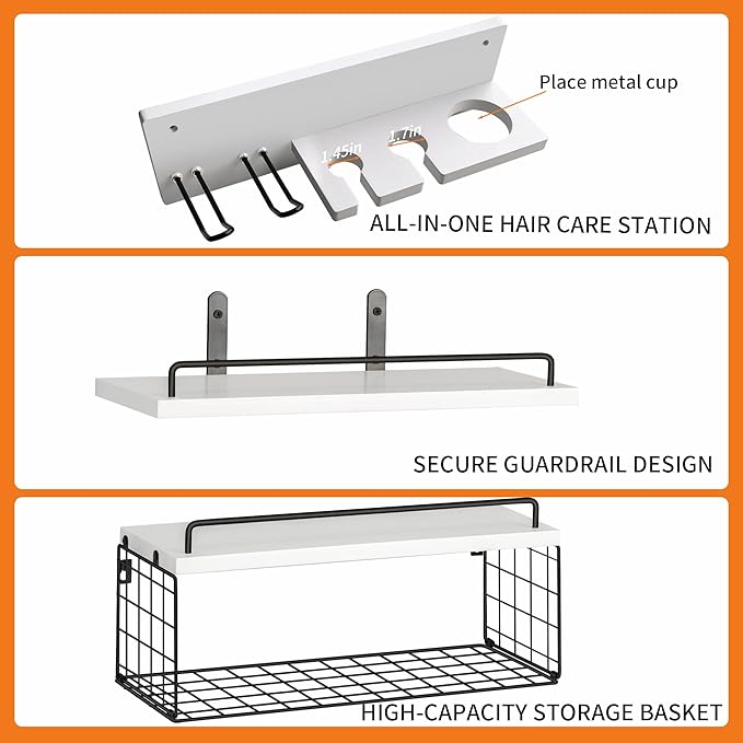 Wall Mounted Bathroom Organizer Shelves Over Toilet, 3-Tier Rustic Wooden Floating Shelf with Metal Basket and Hair Care Styling Tool Holder for Toilet Paper, Towels & Toiletries, Bathroom Decor